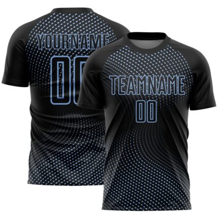 Custom Black Light Blue Geometric Lines Sublimation Soccer Uniform