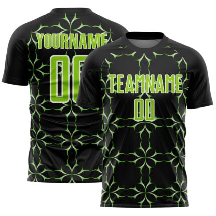 Custom Black Neon Green-White Damask Pattern Sublimation Soccer Unifor