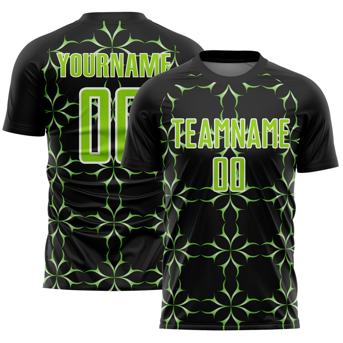 Custom-Black-Neon-Green-White-Damask-Pattern-Sublimation-Soccer-Unifor.jpg Custom Black Neon Green-White Damask Pattern Sublimation Soccer Unifor - Image 1