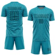 Custom Teal Black Geometric Pattern Sublimation Soccer Uniform Jersey - Image 2
